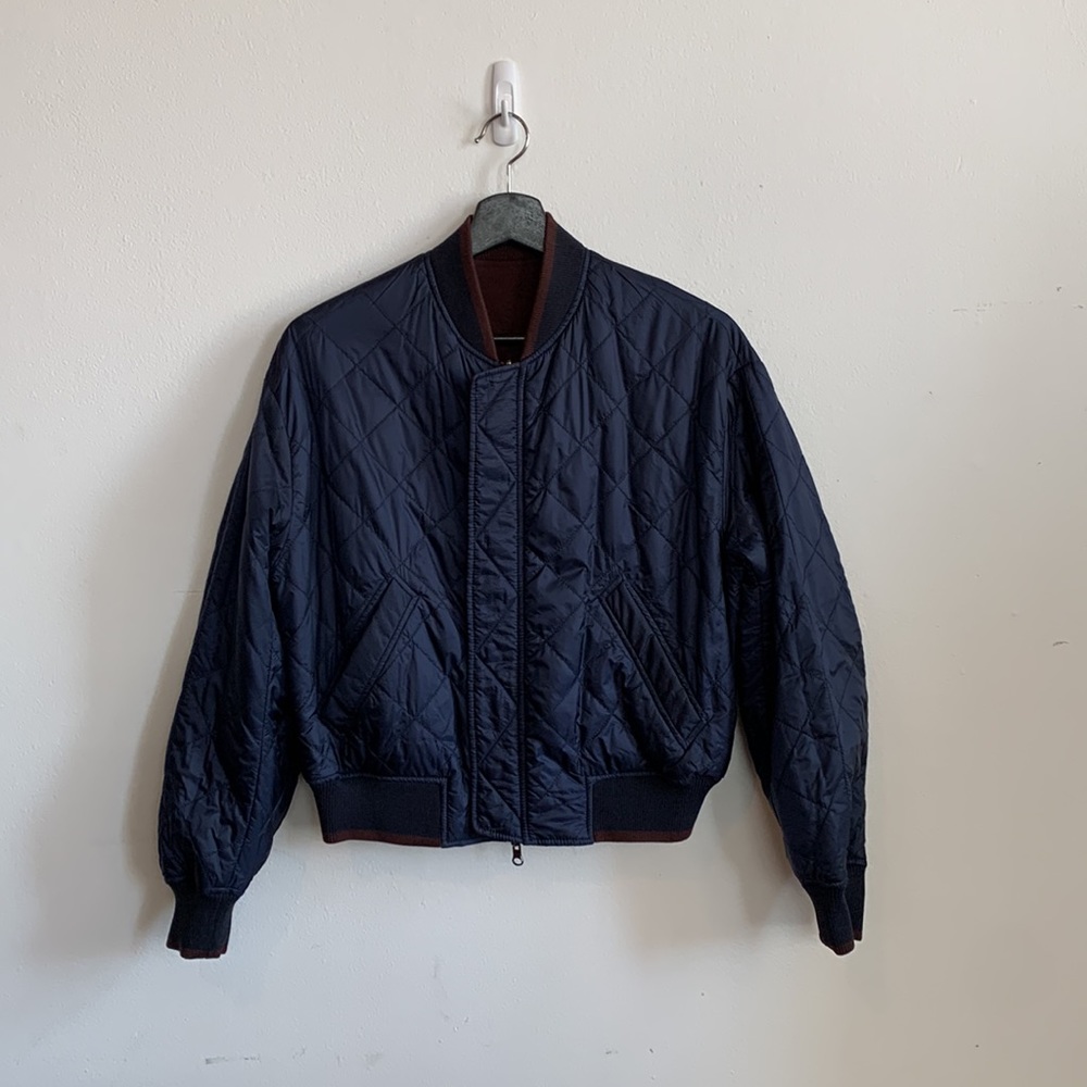 NWOT Vince REVERSIBLE 5-pkt Flight Jacket Navy Quilted  and Merlot Patchwork - Picture 6 of 12